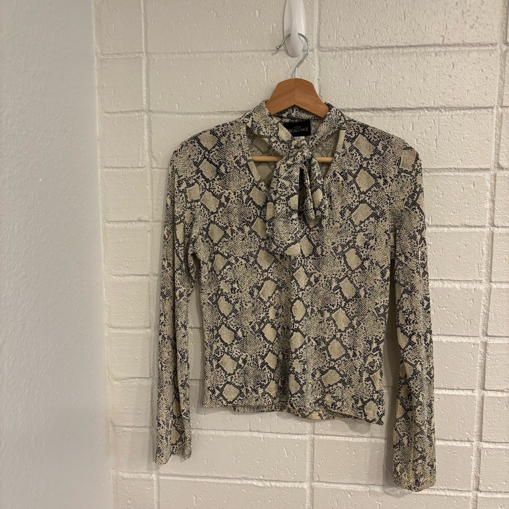 Vintage heavenly snake print tie neck long sleeve top